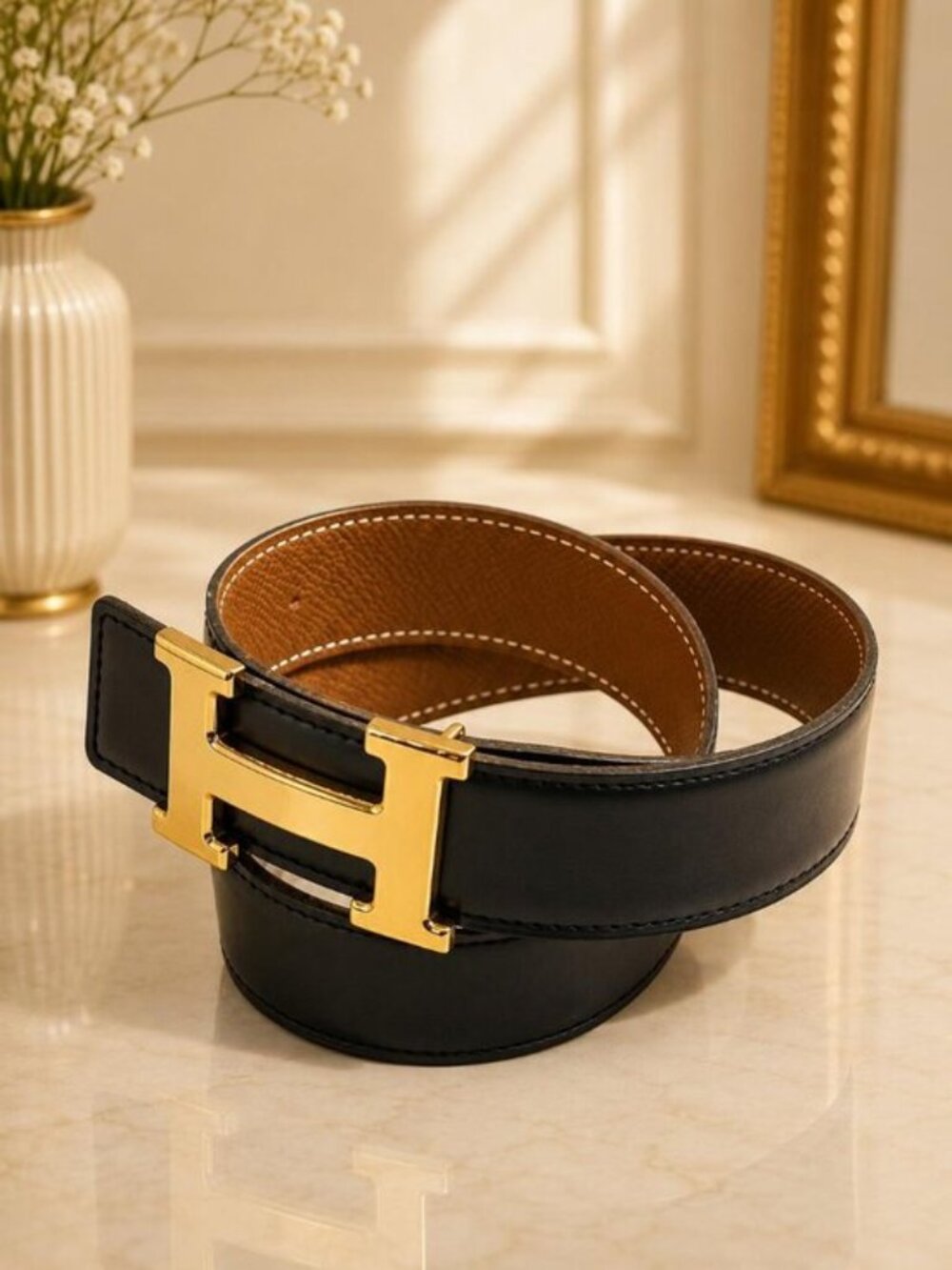 Authentic Hermès H Constance Reversible Black Brown Leather Belt Gold Buckle